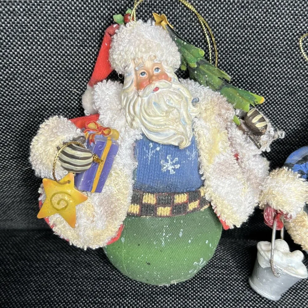 Roly Poly Christmas Ornaments Lot Of 3 Cloth Mache Snowman Santa Moose